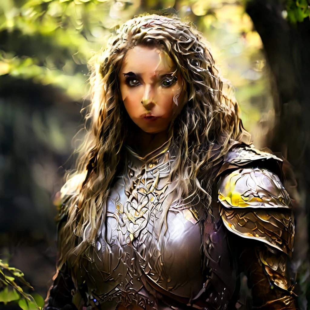 Elf female with dark curly short hair, eyes with amber colors, golden skin. She is a druid, using a very light leather armor and a wooden shield