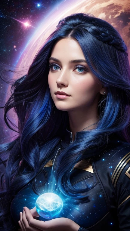 1 woman with hair and stars in her hair, Glowing blue face, Shiny flowing hair, girl with space hair, From blue fire, Yuri Shvedoff and Tom Bagshaw, glowing hair, Portrait of a cosmic goddess, glowing hair, strange portrait with a galaxy, portrait of a cosmic creature, visible smears