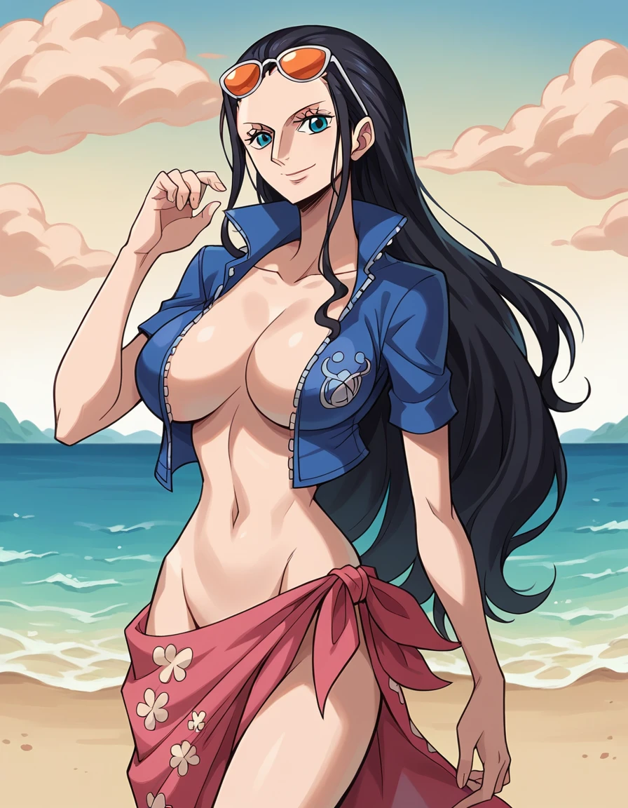 nico robin, , 1girl, aqua eyes, black hair, breasts, cleavage, naked, closed mouth, scream ,  eyewear on head, hair , hand up, , large breasts, long hair, looking at viewer, midriff, navel, plunging neckline, pose, sarong, short sleeves, smile, solo, standing, stomach, sunglasses, very long hair, flower drawing on jacket, outdoors, sea, ((masterpiece))