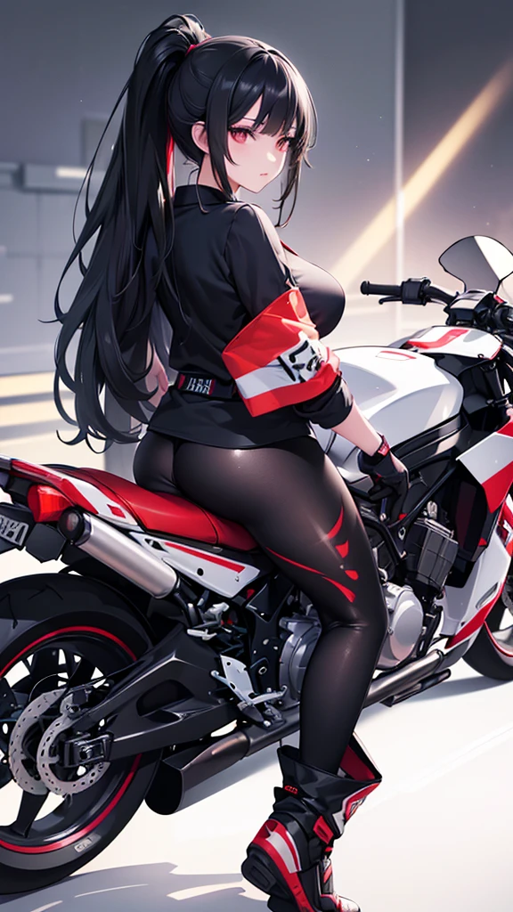 1girl, jet black hair, glossy hair, ponytail, tsurime eyes, beautiful woman looking back, oriental dragon tattoo on shoulder, riding on honda nsr250r motorcycle, anatomically correct, realistic skin texture, not glamour, multiple angles, japanese illustration style, (best quality, 4k, 8k, highres, masterpiece:1.2), ultra-detailed, (realistic, photorealistic, photo-realistic:1.37), HDR, UHD, studio lighting, ultra-fine painting, sharp focus, physically-based rendering, extreme detail description, professional, vivid colors, bokeh