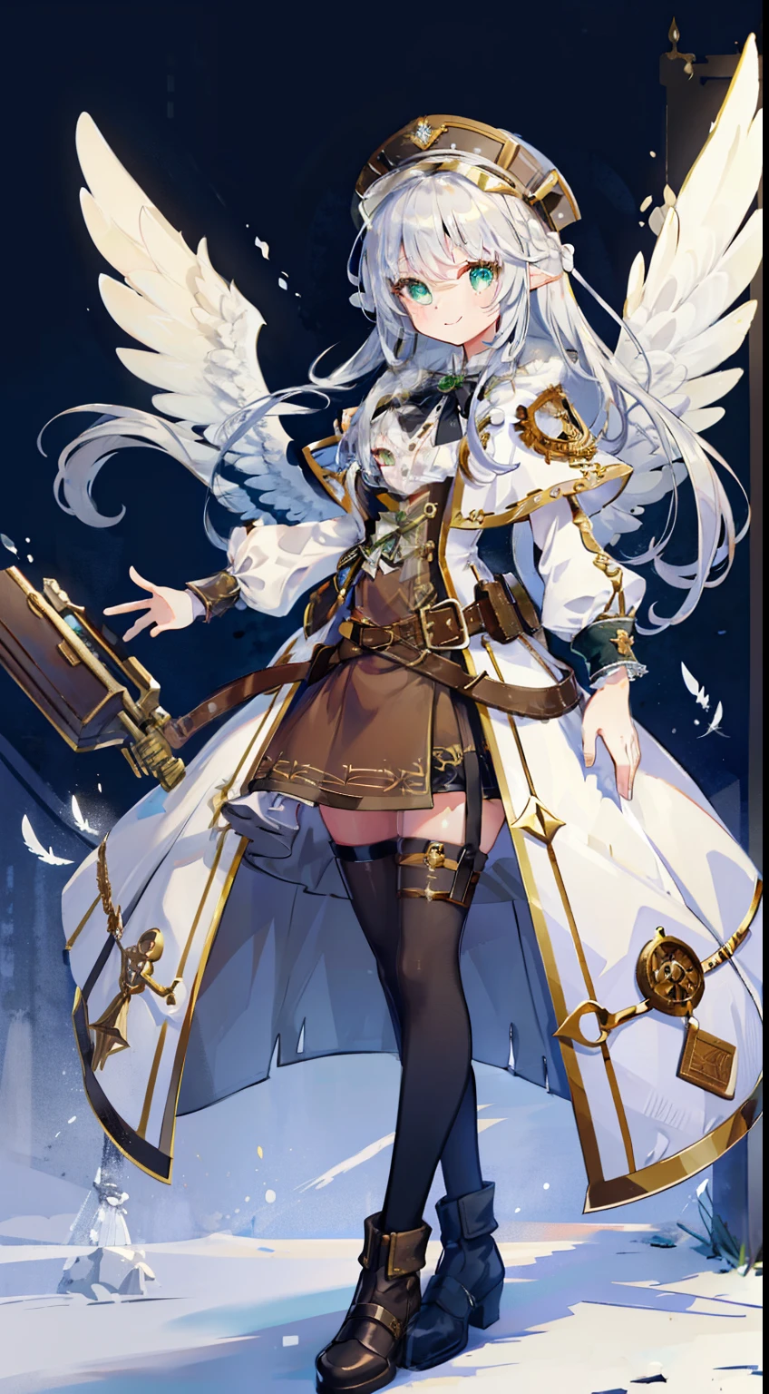 Character portrait, One girl, (masterpiece), Highest quality, Silver Hair, Semi-long hair, Green Eyes, smile, (low length), (Young), Steampunk costumes, Put on a white coat, Magical atmosphere, White Wings, Newsboy cap with goggles, High resolution