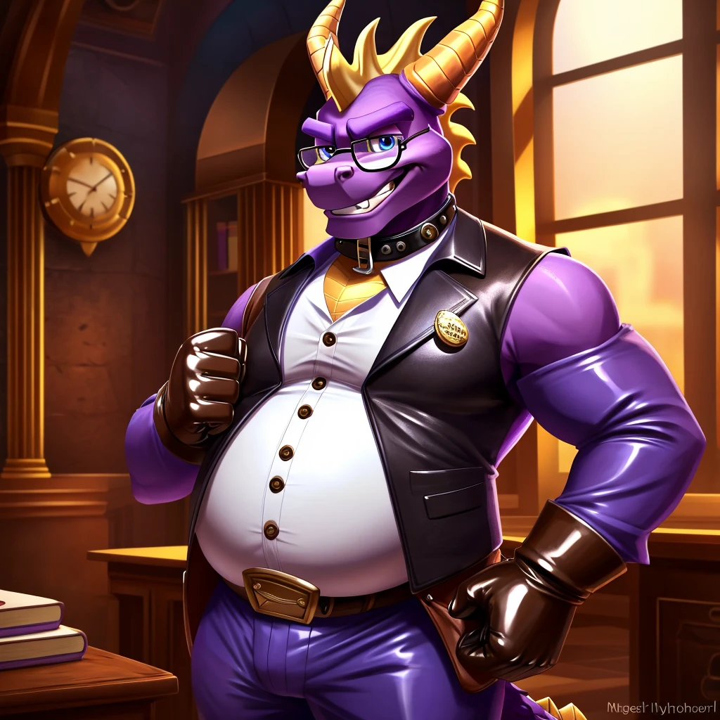 Solo, Male, fat, extremely obese, gentleman, dapper Professor Spyro, blue eyes, (posing:1.3), (soft shading), 4k, hi res, ((detailed face, detailed)), looking at viewer, mouth wide open, steampunk, dapper clothing, collared shirt with buttons, top hat, male focus, Explorer Outfit, glasses, monocle, vest with buttons, sleeves rolled up, round eyewear, brown headwear, brown vest, office, Spyro is wearing a glossy leather dog collar around the neck, Spyro is wearing the leather collar and shirt and vest at the same time, Spyro is wearing glossy white rubber gloves on the hands, wearing white rubber gloves on the feet, gloves are rubber in texture, clenching teeth, clenching fists, leather collar is glossy and shiny with a lot of detail, Spyro is wearing gloves and leather collar at the same time, leather collar has a round dog-tag, leather collar is thick and detailed, leather collar is glossy and shiny, fancy clothing, dapper vest, dapper shirt, leather collar is thick, glossy leather collar.