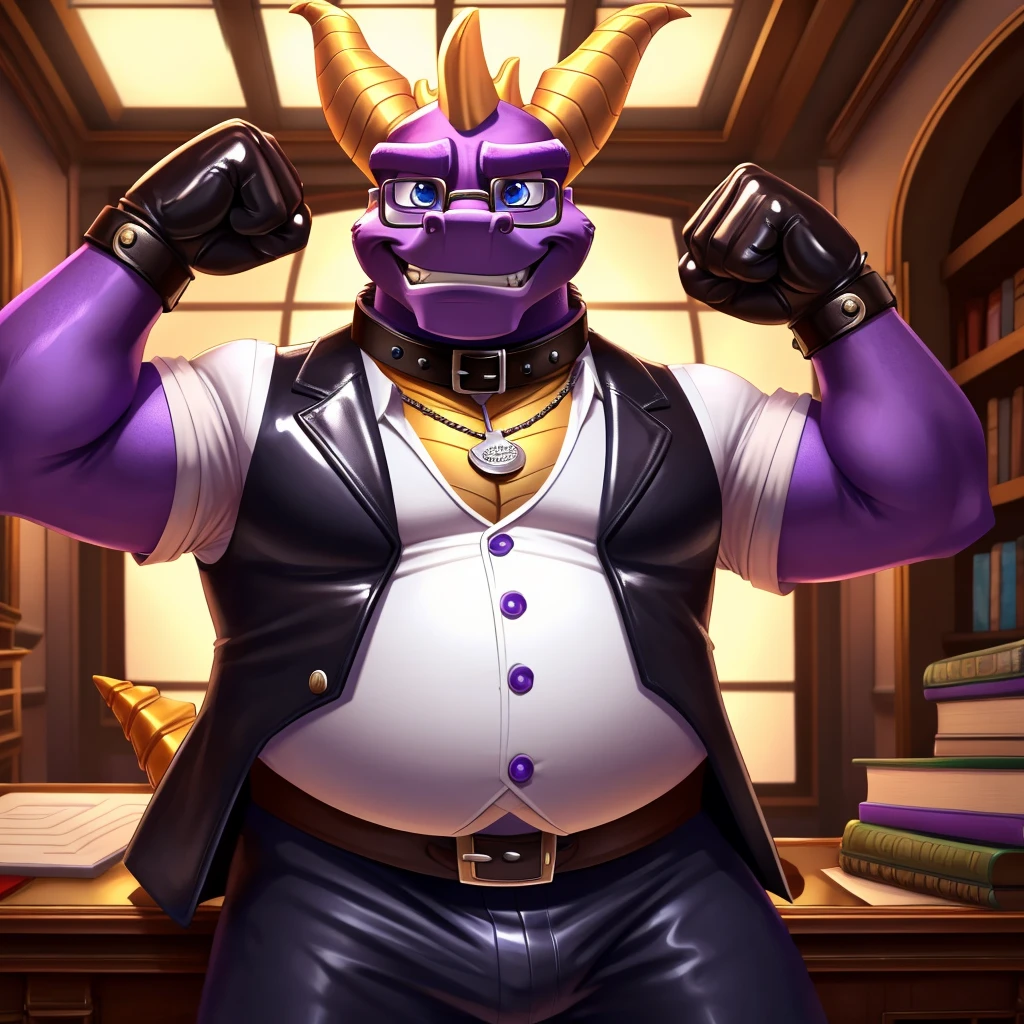 Solo, Male, fat, extremely obese, gentleman, dapper Professor Spyro, blue eyes, (posing:1.3), (soft shading), 4k, hi res, ((detailed face, detailed)), looking at viewer, mouth wide open, steampunk, dapper clothing, collared shirt with buttons, top hat, male focus, Explorer Outfit, glasses, monocle, vest with buttons, sleeves rolled up, round eyewear, brown headwear, brown vest, office, Spyro is wearing a glossy leather dog collar around the neck, Spyro is wearing the leather collar and shirt and vest at the same time, Spyro is wearing glossy white rubber gloves on the hands, wearing white rubber gloves on the feet, gloves are rubber in texture, clenching teeth, clenching fists, leather collar is glossy and shiny with a lot of detail, Spyro is wearing gloves and leather collar at the same time, leather collar has a round dog-tag, leather collar is thick and detailed, leather collar is glossy and shiny, fancy clothing, dapper vest, dapper shirt, leather collar is thick, glossy leather collar.