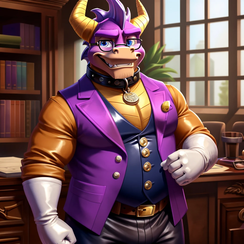 Solo, Male, fat, extremely obese, gentleman, dapper Professor Spyro, blue eyes, (posing:1.3), (soft shading), 4k, hi res, ((detailed face, detailed)), looking at viewer, mouth wide open, steampunk, dapper clothing, collared shirt with buttons, top hat, male focus, Explorer Outfit, glasses, monocle, vest with buttons, sleeves rolled up, round eyewear, brown headwear, brown vest, office, Spyro is wearing a glossy leather dog collar around the neck, Spyro is wearing the leather collar and shirt and vest at the same time, Spyro is wearing glossy white rubber gloves on the hands, wearing white rubber gloves on the feet, gloves are rubber in texture, clenching teeth, clenching fists, leather collar is glossy and shiny with a lot of detail, Spyro is wearing gloves and leather collar at the same time, leather collar has a round dog-tag, leather collar is thick and detailed, leather collar is glossy and shiny, fancy clothing, dapper vest, dapper shirt, leather collar is thick, glossy leather collar.