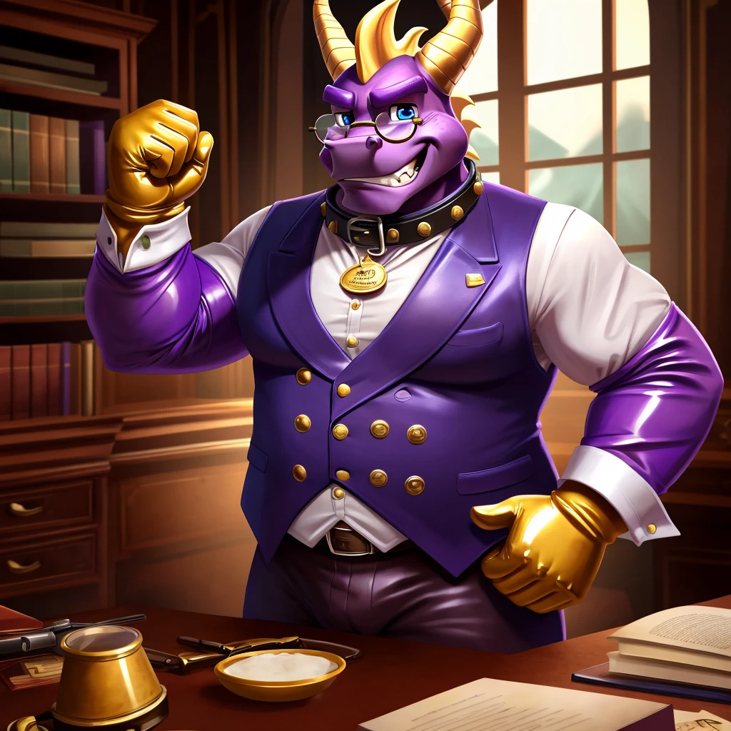 Solo, Male, fat, extremely obese, gentleman, dapper Professor Spyro, blue eyes, (posing:1.3), (soft shading), 4k, hi res, ((detailed face, detailed)), looking at viewer, mouth wide open, steampunk, dapper clothing, collared shirt with buttons, top hat, male focus, Explorer Outfit, glasses, monocle, vest with buttons, sleeves rolled up, round eyewear, brown headwear, brown vest, office, Spyro is wearing a glossy leather dog collar around the neck, Spyro is wearing the leather collar and shirt and vest at the same time, Spyro is wearing glossy white rubber gloves on the hands, wearing white rubber gloves on the feet, gloves are rubber in texture, clenching teeth, clenching fists, leather collar is glossy and shiny with a lot of detail, Spyro is wearing gloves and leather collar at the same time, leather collar has a round dog-tag, leather collar is thick and detailed, leather collar is glossy and shiny, fancy clothing, dapper vest, dapper shirt, leather collar is thick, glossy leather collar.