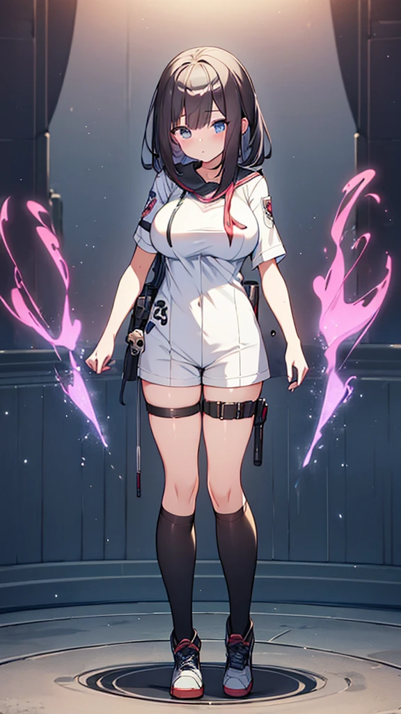 Full body image, front, One girl, 18-year-old, Mix 4, (32K, RAW Photos, Highest quality, masterpiece:1.2), (Anime-like, photoAnime-like:1.37), cute, カジュアルウェア, Short sleeve T-shirt,Shorts,Black knee socks, night, rain, Humidity, Professional Lighting, Photon Mapping, Radio City, Physically Based Rendering, Super Resolution, (Big Breasts:1.2), {{The biological weapon that had preyed on the younger sister took her place and reunited with the older brother, The rebellious little sister has become the obedient little sister}}, Girl Skull, whole body, NSFW