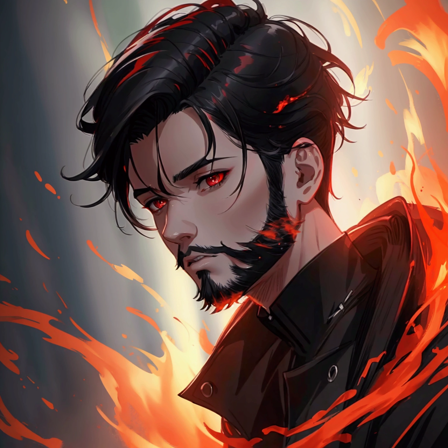 ung man, anime style, detailed facial features, black undercut hairstyle, black stubble beard, surrounded by swirling red flames, black and red futuristic clothes, (best quality,4k,8k,highres,masterpiece:1.2),ultra-detailed,(realistic,photorealistic,photo-realistic:1.37),dramatic lighting, cinematic, highly detailed, volumetric lighting, digital painting, moody lighting, chiaroscuro