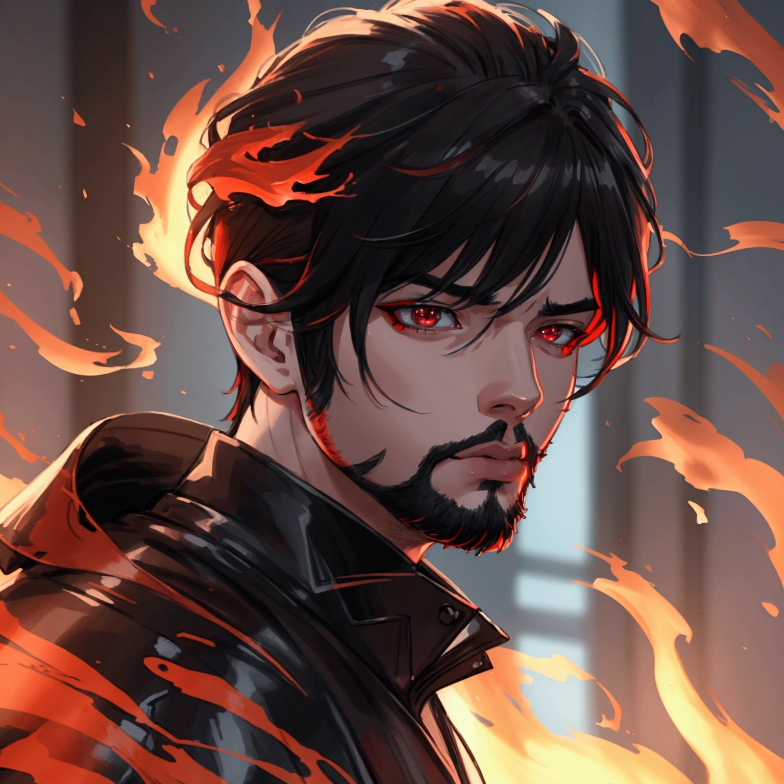 ung man, anime style, detailed facial features, black undercut hairstyle, black stubble beard, surrounded by swirling red flames, black and red futuristic clothes, (best quality,4k,8k,highres,masterpiece:1.2),ultra-detailed,(realistic,photorealistic,photo-realistic:1.37),dramatic lighting, cinematic, highly detailed, volumetric lighting, digital painting, moody lighting, chiaroscuro