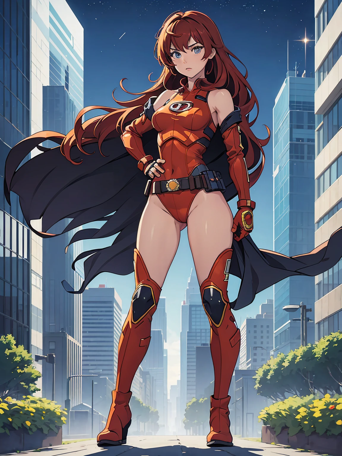 ((Full body shot, standing, feet on the ground))  1girl, medium breasts, leotard, bare legs,shoulder pads, tight belt, boots, matching boots, gloves, city backdrop, solo, single, hands on hip, standing, full body shot, cowboy shot, superhero, beautiful detailed eyes, mature lady, star symbol on chest, red hair, high leg leotard