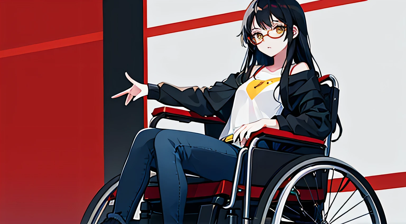 1girl, long black hair, yellow eyes, flat chest, red glasses, jeans, wheelchair