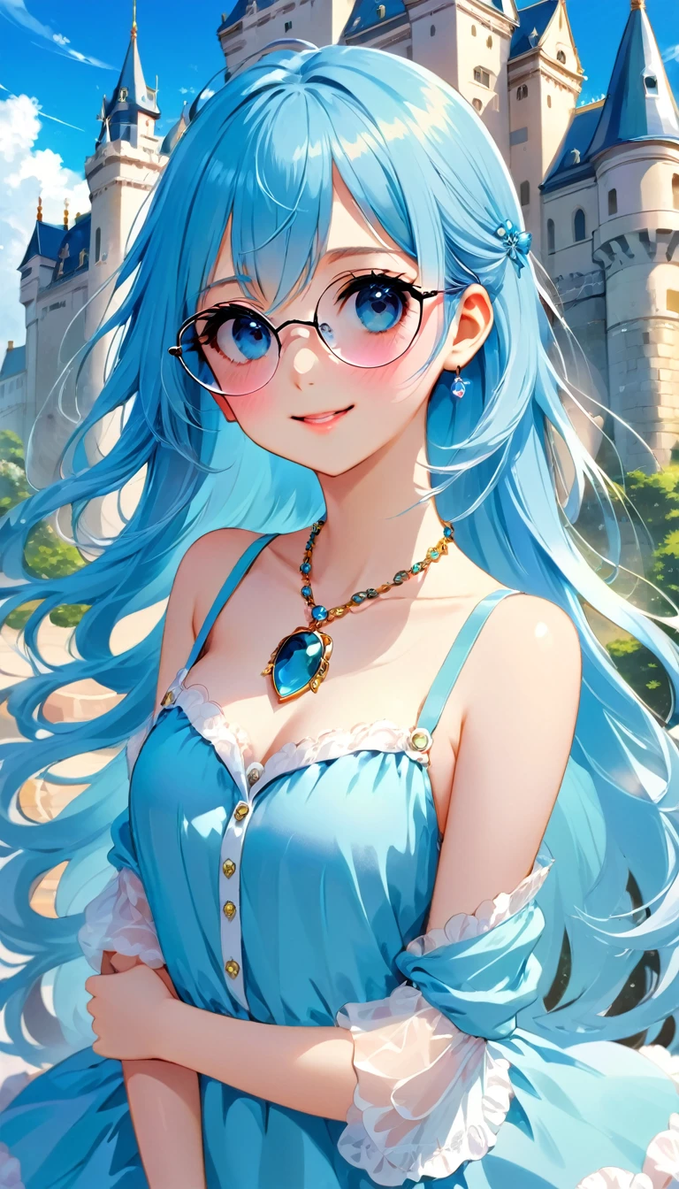 masterpiece, best quality, extremely detailed, (illustration, official art:1.1), 1 girl ,(((( light blue long hair)))), ,(((( light blue long hair)))),light blue hair , , long hair ((blush)) , cute face, big eyes, masterpiece, best quality,(((((a very delicate and beautiful girl))))),Amazing,beautiful detailed eyes,blunt bangs(((( little delicate girl)))),tareme(true beautiful:1.2), sense of depth,dynamic angle,,,, affectionate smile, (true beautiful:1.2),,(tiny 1girl model:1.2),)(flat chest) ,Anime girl wearing　sunglasses and a necklace, Anime-style illustrations, Decora style illustrations, Anime atmosphere, Beautiful anime art style, Digital art on pixiv, Anime Graphic Illustration, Colorful illustration, Cute art styleColorful illustration, Big Castle
