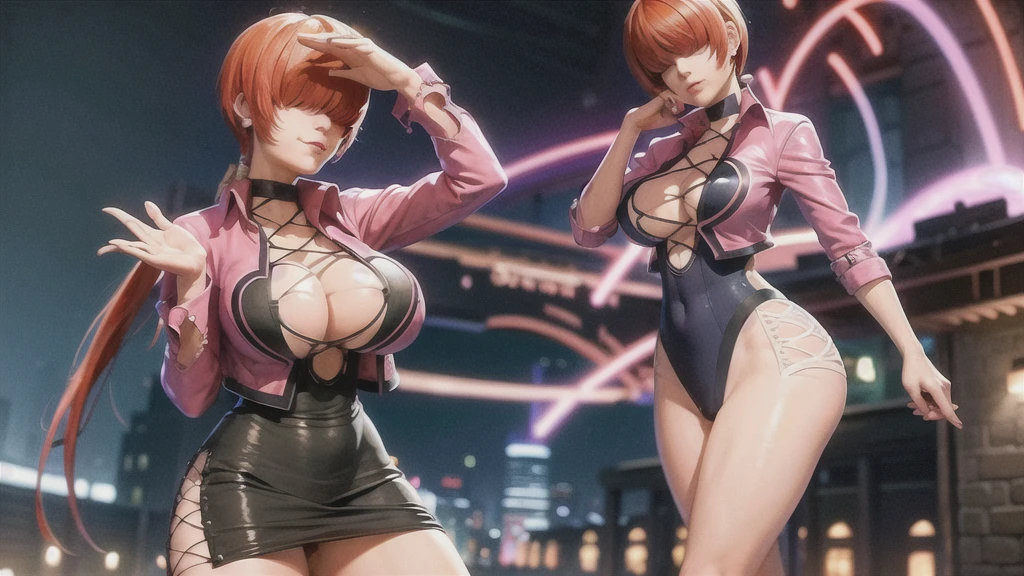 (at night), in a video game scene a background a beautiful city at night raining, alone, alone, standing at attention, pink suit, pink jacket, choker, neckline, cut of clothes, earrings, has long bangs on the hair covering the eyes ((hair over the eyes)), 1 girl, 20 years old, young woman, perfect hands, beautiful fingers, beautiful long legs, beautiful body, beautiful nose, beautiful character design, perfect face, looking at the spectator with serious gesture, is on a phone call with his cell phone in hand (focusing on his face), closed mouth, Light_Smile, official art, extremely detailed CG unity 8k wallpaper, perfect lighting, bright and colorful front lighting, skin glossy (masterpiece: 1.0), (best_quality: 1.0), ultra high resolution, 4K, ultra detailed photography, 8K, HDR, high resolution, nonsense:1.2, Kodak portra 400, film grain, blurred background, bokeh:1.2, lens flare, (vibrant_color:1.2), professional photography, (Beautiful, breasts: 1.4), (beautiful_face: 1.5), (narrow waist),
