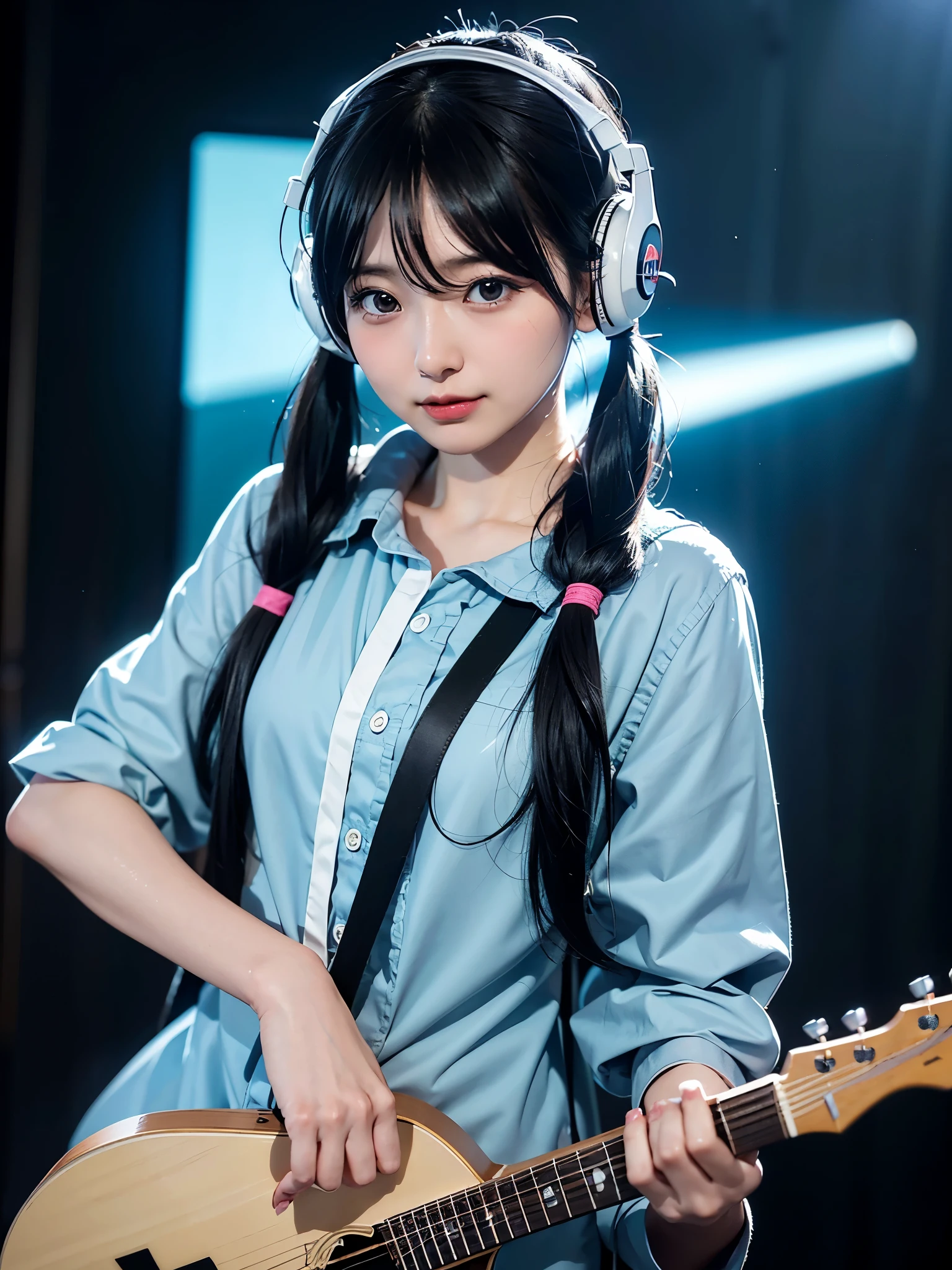 40-year-old Japanese woman、Black Hair、Hair is very short、Twin tails、Hatsune Miku Costume、Headphones、Flat Chest、Realistic photos、Realistic、8K quality、expensive、No bangs、High resolution, Highest quality, Anatomically correct, Winner of numerous awards, Ultra high definition, Live Performance Venues、Playing the guitar