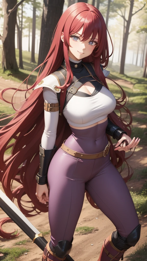 Tall woman, long bright red hair, curly, anime style, gentle smile, gray leggings, hiking boots, burgundy crop top, leather chest armor, exposed cleavage and midriff, standing, spear in hand, bright lilac eyes,