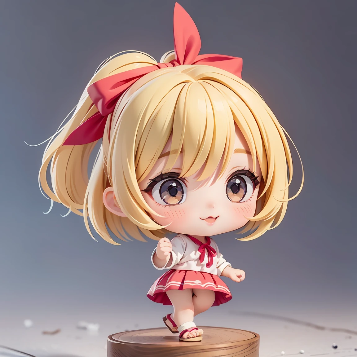 Super Chibi Character:1.8、wearing cute sandals、background:Simple all over、Blonde Hair、Cute 7 year old girl、Random cute outfits、Short legs、Sandals with ribbon、Dancing happily、Dancing happily