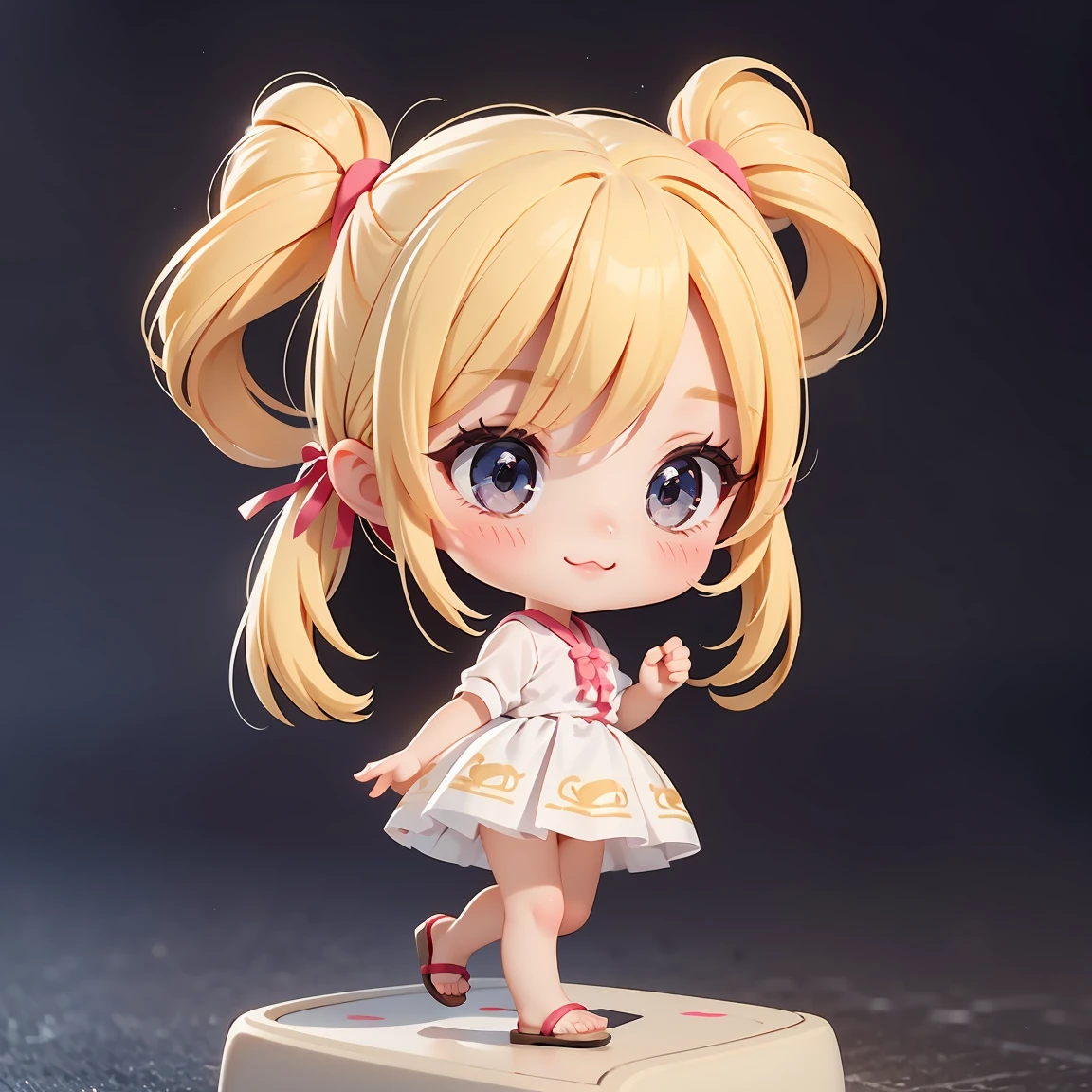 Super Chibi Character:1.8、wearing cute sandals、background:Simple all over、Blonde Hair、Cute 7 year old girl、Random cute outfits、Short legs、Sandals with ribbon、Dancing happily、Dancing happily