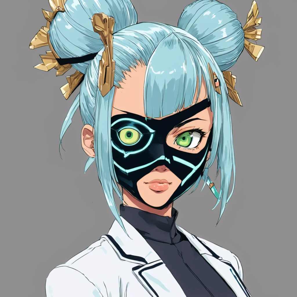 Mikumari \(Xenoblade\)masterpiece, Highest quality, ((1 person)),Blue Hair,Green Eyes,Serious expression, smile,Upper Body,Line art,Medium Hair,White blazer,black t-shirts,Big Breasts,Bun Head,Black mask, expressionless eyes,((Kubo Obito Style))
Detailed face, Face Focus, Are standing, Black Hair,(hair ornaments:1.35),office lady, Sleeves edged with ribbon, Removable sleeves, Ribbon trim, Wide sleeves, (View your viewers:1.5) Long Hair, Iris, bangs, lips,