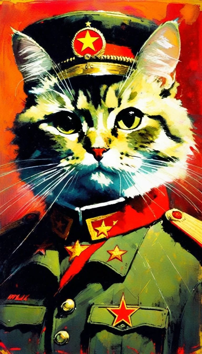 communist cat, (art inspired in Bill Sienkiewicz). oil painting)