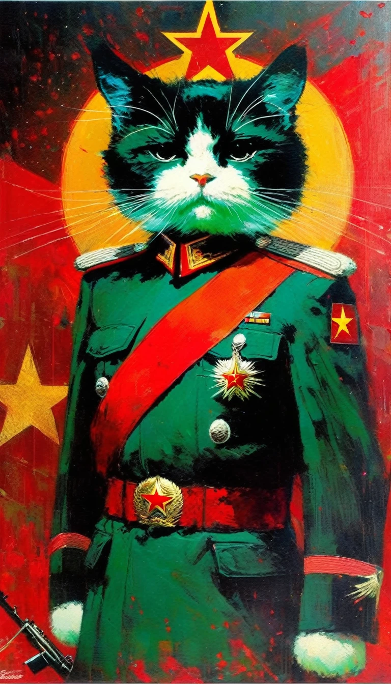 communist cat, (art inspired in Bill Sienkiewicz). oil painting)