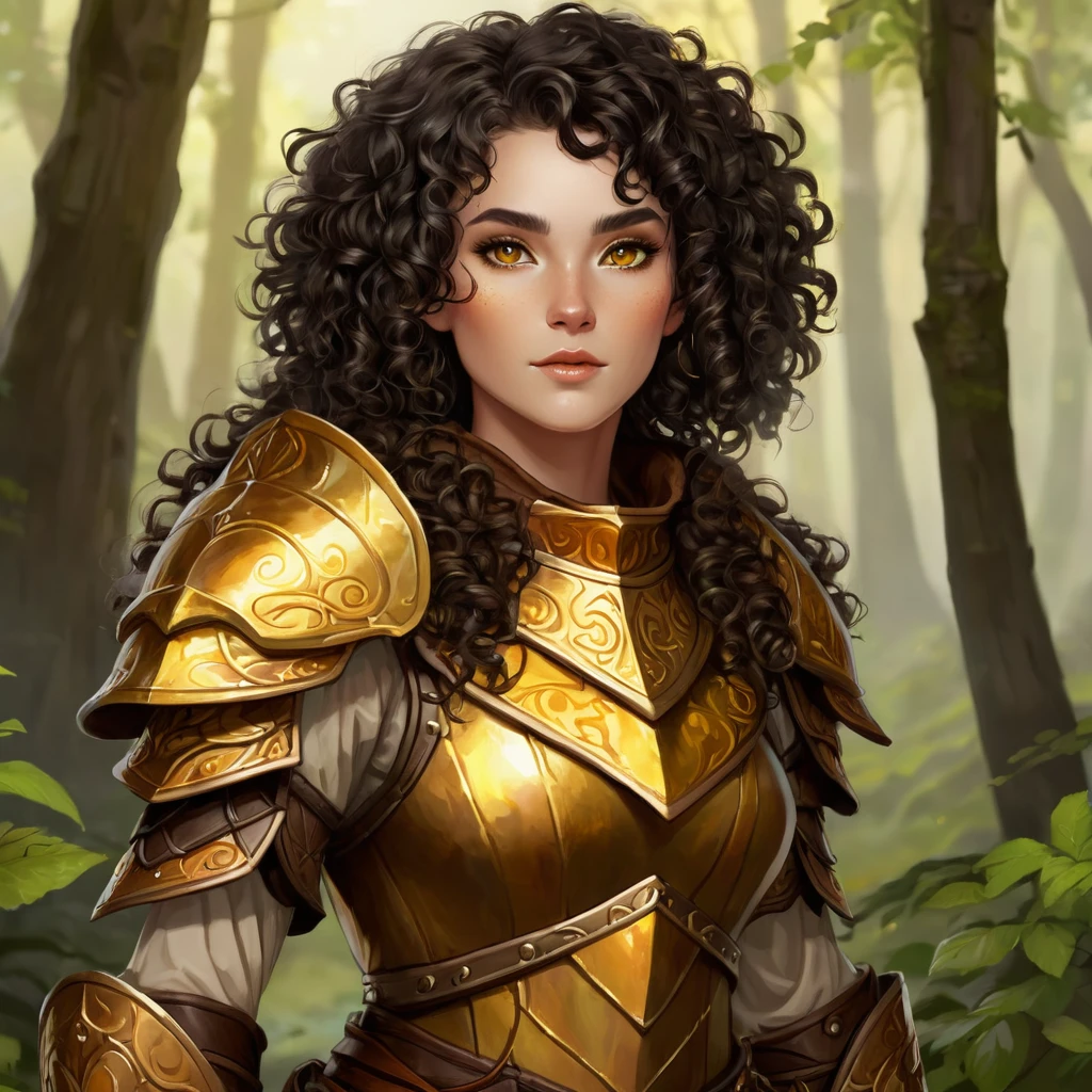 Elf female with dark curly short hair, eyes with amber colors, golden skin. She is a druid, using a very light leather armor and a wooden shield