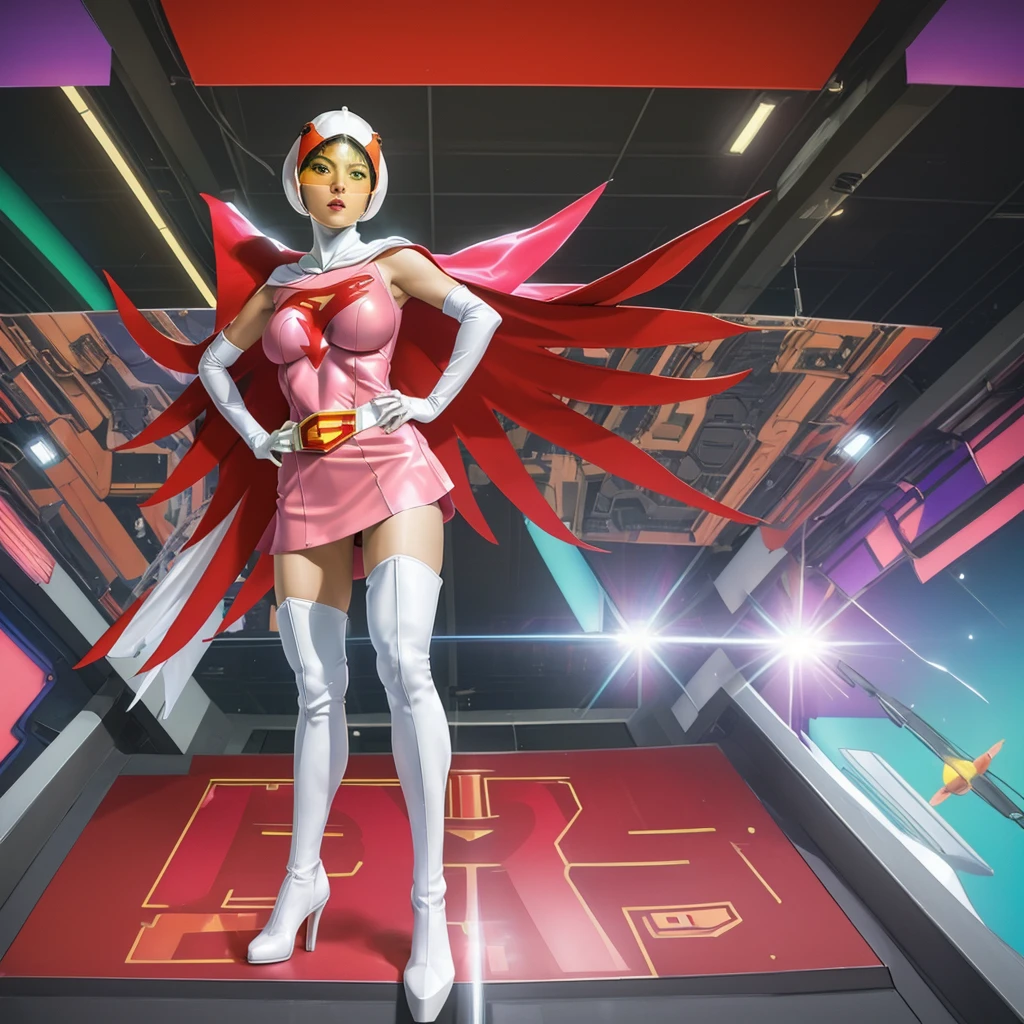 ANI_CLASSIC_jun_gatchaman_ownwaifu,1girl, 15 years old,good anatomy, masterpiece, best quality,realistic, hyperrealistic, 16k hdr,breasts,green eyes,lips,large breasts,lipstick,makeup,gloves,cape,helmet,belt,elbow gloves,white gloves,mask,ultra miniskirt,leotard,spacesuit,white tight overknee highheels boots,pink dress,superhero,bodysuit,cleavage,erected nipples,((stand pose,hands on hip,view from below)),cameltoe