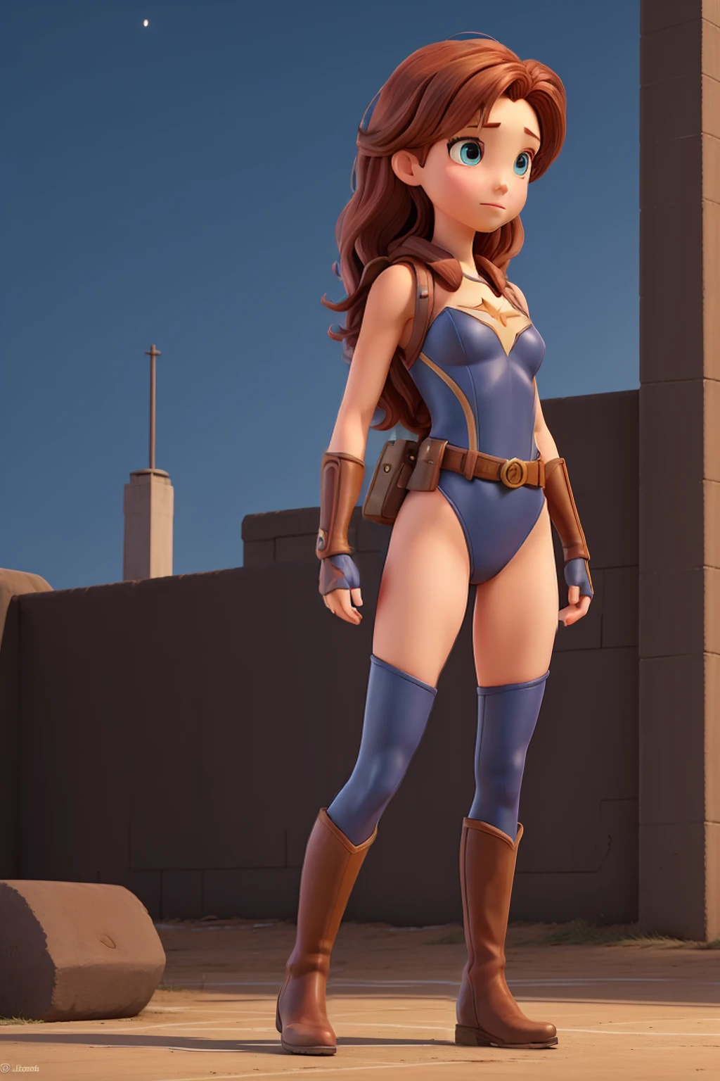 ((Full body shot, standing, feet on the ground)) 1girl, medium breasts, leotard, bare legs,shoulder pads, tight belt, boots, matching boots, gloves, city backdrop, solo, single, hands on hip, standing, full body shot, cowboy shot, superhero, beautiful detailed eyes, mature lady, star symbol on chest, red hair, high leg leotard
