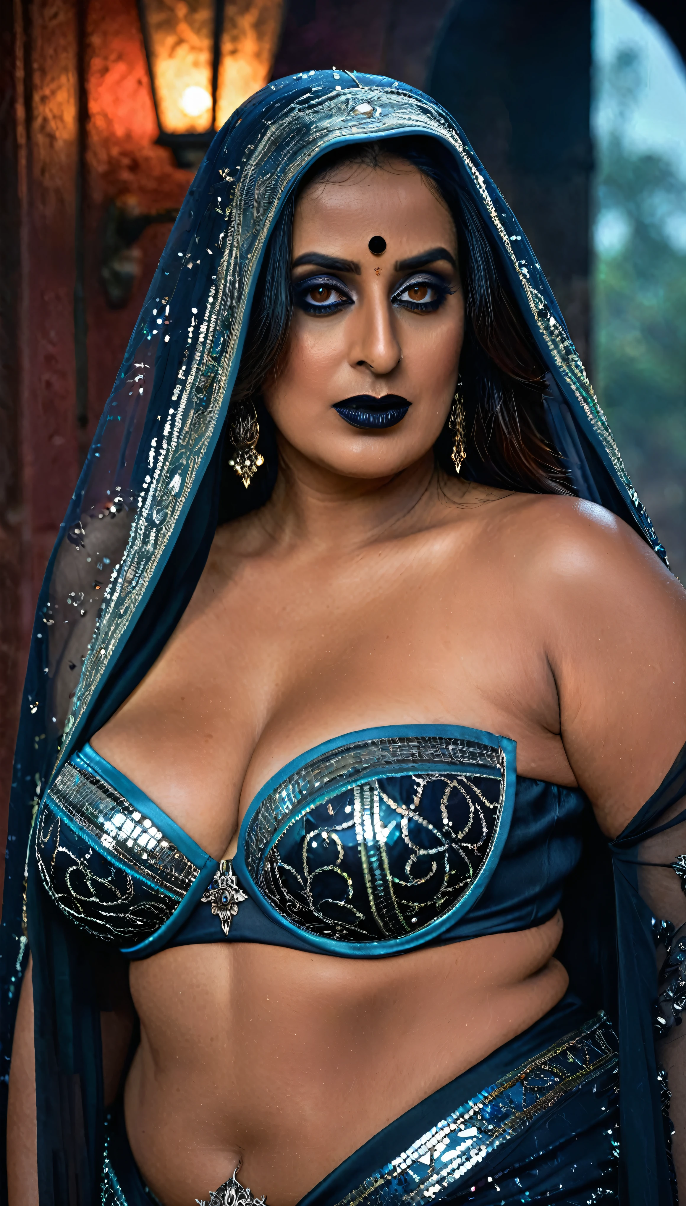 Looks like Mahie Gill, full body Closeup shot, Big chubby aunty, milf, cougar lady witch, horny Gothic milf, 70 years old gorgeous mature lady, pervert demoness, demoness of lust, curvy, black lips, horny face, extremely gorgeous, thick figure, heavy physique, voluptuous, curvy, sexy figure, Fashionable portrait of androgynous alien looking witch wearing veil, glowing eyes, futuristic design, minimal details, givenchy, photoreal, 200mm, hd, f/ 2.0, highly detailed, surreal, sexy beautiful evil woman, sexy bold sequin Saree with strapless Bra, chudail, Pishachini, horror genre, blood-thirsty enchantress, powerful female spirit, eerie, drop dead, in the style of red and blue, (intricate details, hyperdetailed:1.15) (skin texture:1.2), dark Moody tone, cinematic lighting, haunted place in background,