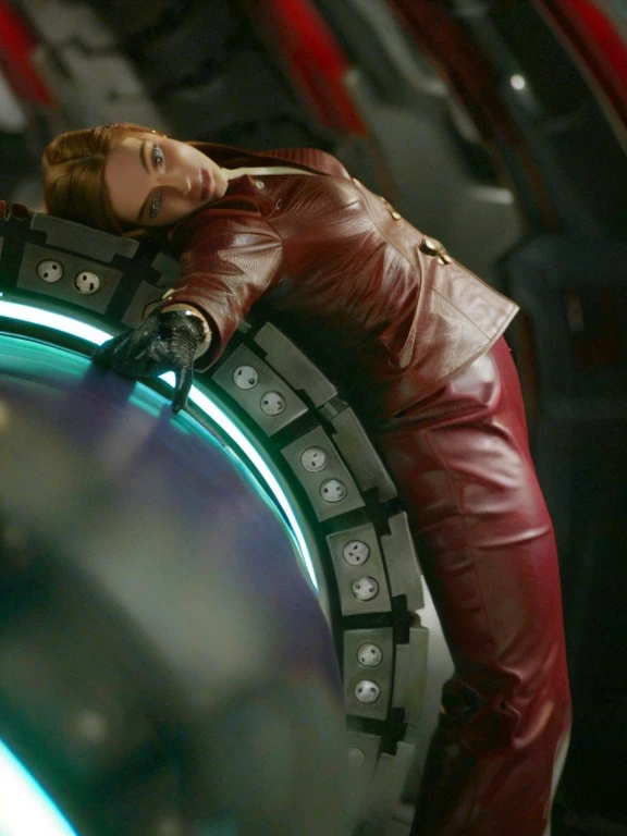 Araffe in a red leather jacket leaning on a circular object, Kristanna Loken, Natalie Portman and Star Trek, science fiction movie still, as a retrofuturistic heroine, Frame of the Avengers, Epic Sci-Fi Movie Still, science fiction movie frame, an Epic Sci-Fi Movie Still, Elizabeth Olsen as Scarlet Witch, in a science fiction movie, wonder movie still