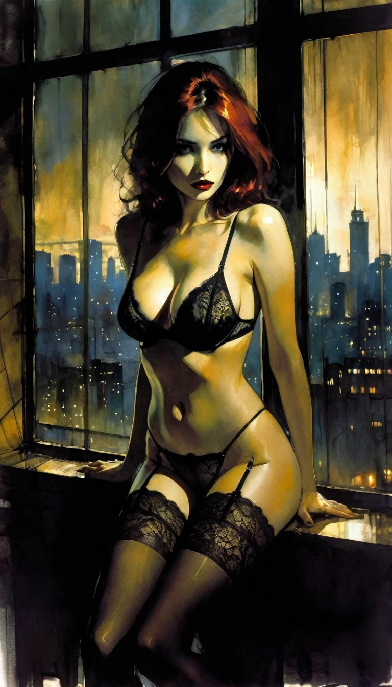 sexy girl, next to a large window overlooking a big city, night, sadness, melancholy, sexy, lingerie, stockings, elegant and provocative, lascivious, oil painting, chiaroscuro, sensual, dramatic lighting, moody atmosphere, photorealistic, intricate details, masterpiece, ultra-detailed, high quality, 8k, best quality, realistic, cinematic, dark and brooding, expressionistic, powerful composition, emotional impact, Bill Sienkiewicz inspired art
