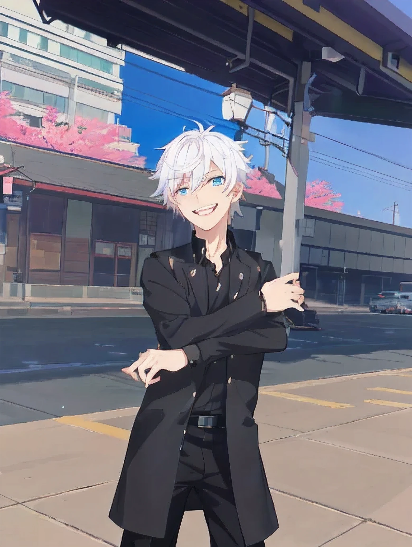 anime character dressed in black standing on a city street,  dapper dream demon, he has dark grey hairs, fashion gameplay screenshot, he using japan school boy uniform, cloth sim,.Gojou satoru, jujutsu kaisen. Laughing, fake smiling. Blue eyes.