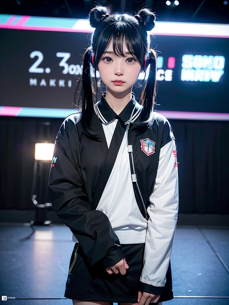 40-year-old Japanese woman、Black Hair、Hair is very short、Twin tails、Hatsune Miku Costume、Headphones、Flat Chest、Realistic photos、Realistic、8K quality、expensive、No bangs、High resolution, Highest quality, Anatomically correct, Winner of numerous awards, Ultra high definition, Live Performance Venues、Playing the ピアノ