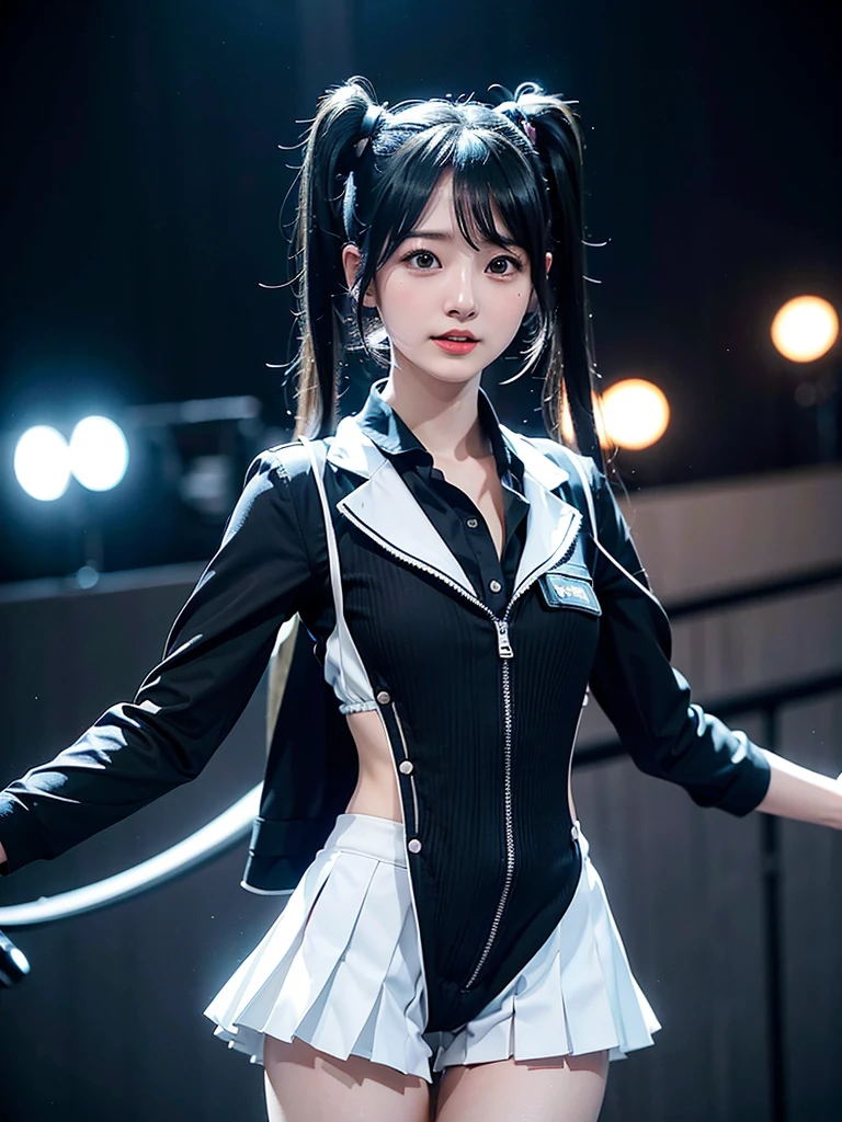 40-year-old Japanese woman、Black Hair、Hair is very short、Twin tails、Hatsune Miku Costume、Headphones、Flat Chest、Realistic photos、Realistic、8K quality、expensive、No bangs、High resolution, Highest quality, Anatomically correct, Winner of numerous awards, Ultra high definition, Live Performance Venues、Playing the ピアノ