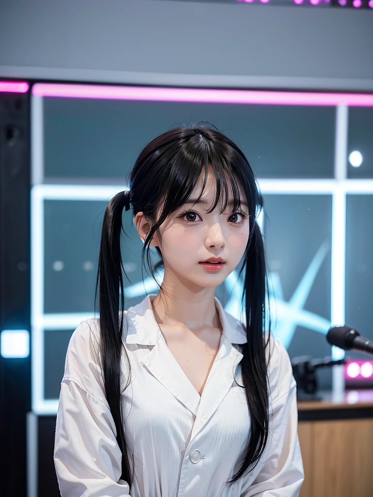 40-year-old Japanese woman、Black Hair、Hair is very short、Twin tails、Hatsune Miku Costume、Headphones、Flat Chest、Realistic photos、Realistic、8K quality、expensive、No bangs、High resolution, Highest quality, Anatomically correct, Winner of numerous awards, Ultra high definition, Live Performance Venues、Playing the ピアノ