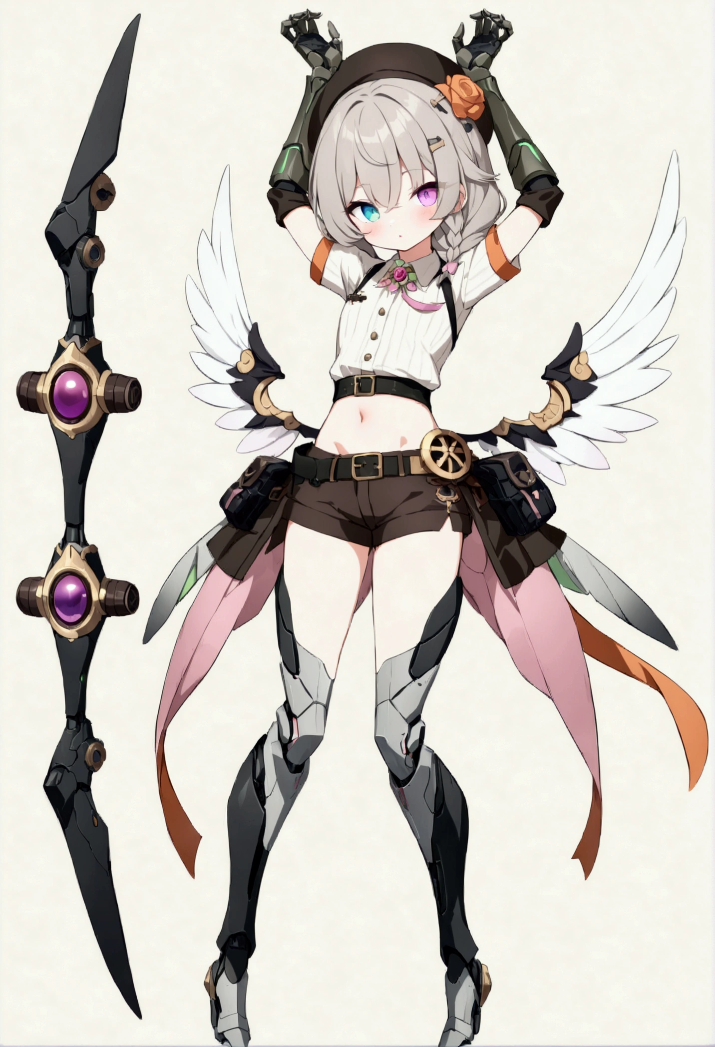 woman 165cm tall, (whole body: 1.5), slim build, , charming look, ((heterocromia: ojo right naranja y ojo izquierdo violeta)), (Shoulder Length Wavy Gray Hair, medium braid on the left side of the hair: 1.2, big open bangs, largo flequillo en el lado izquierdo y right del cabello sobre las mejillas , golden gear hairpin on the left side of the hair: 1.1), (((complex mechanical legs up to the hip, The legs are black with gray parts and small pink details))), (((complex mechanical arms up to the elbows, The arms are black with gray parts and small pink details))), ((a pair of complex white mechanical angel wings with pastel green parts)), (elegant black French beret, orange rose ribbon on the beret: 1.2), (stylish white short sleeve button down shirt, dark brown shorts with straps from the waist, elegant black belt, small rose brooch on shirt collar, beautiful mechanical stilettos), (((full body character design sheet: vista 3/4))), ((Pastel yellow background)), extremely detailed hair, beautiful detailed clothing, extremely detailed arms, extremely detailed face, (Extremely detailed hands), perfect hands, beautiful detailed eyes, beautiful detailed lips, adorable, extremely detailed legs, (Best Quality, 8k, ultra resolution), ultra detailed, Exquisite and epic character art, (Focus on symmetry), (extremely detailed wings), (body position: standing, right, symmetrical), looking at the viewer, small face.