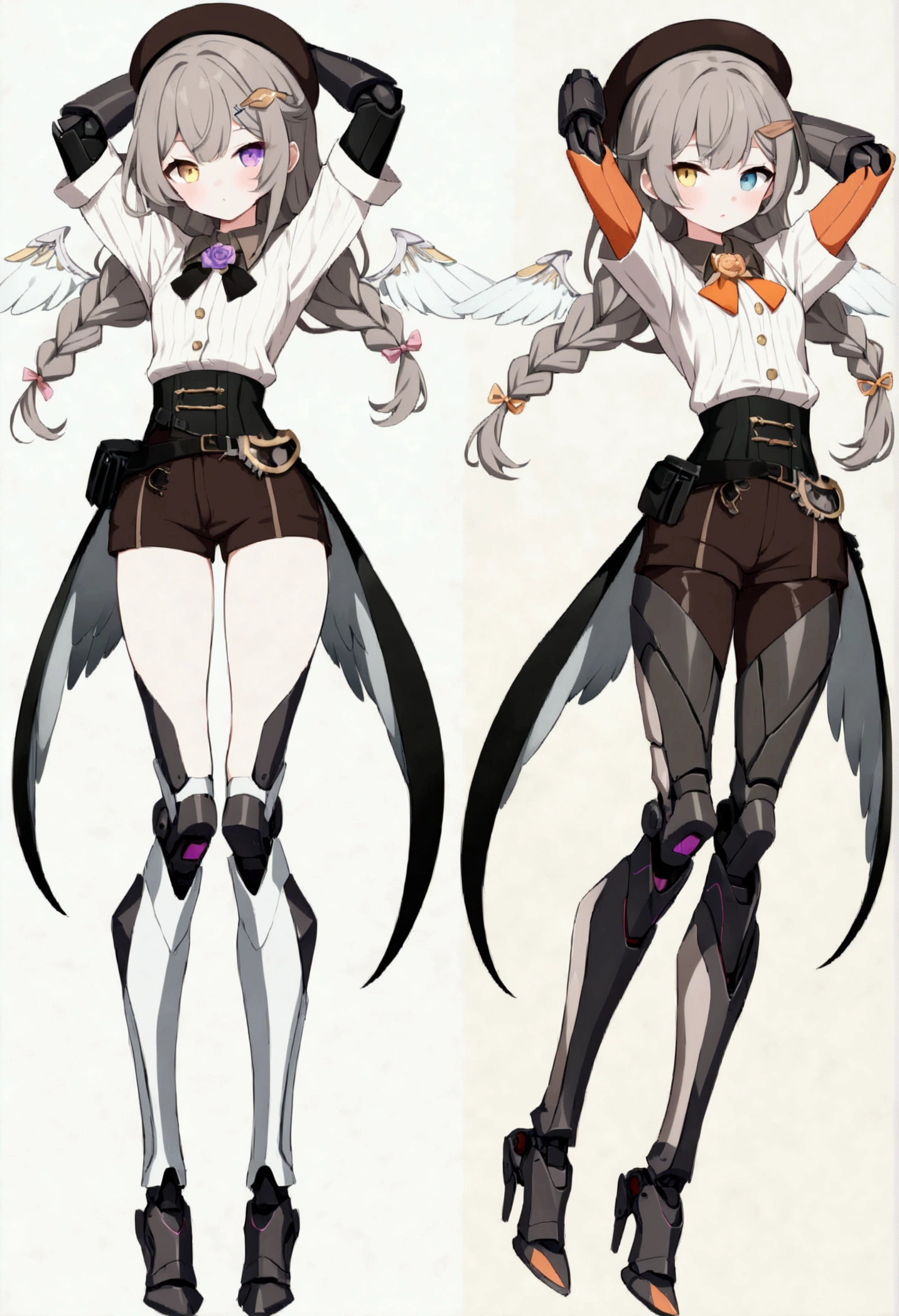 woman 165cm tall, (whole body: 1.5), slim build, , charming look, ((heterocromia: ojo right naranja y ojo izquierdo violeta)), (Shoulder Length Wavy Gray Hair, medium braid on the left side of the hair: 1.2, big open bangs, largo flequillo en el lado izquierdo y right del cabello sobre las mejillas , golden gear hairpin on the left side of the hair: 1.1), (((complex mechanical legs up to the hip, The legs are black with gray parts and small pink details))), (((complex mechanical arms up to the elbows, The arms are black with gray parts and small pink details))), ((a pair of complex white mechanical angel wings with pastel green parts)), (elegant black French beret, orange rose ribbon on the beret: 1.2), (stylish white short sleeve button down shirt, dark brown shorts with straps from the waist, elegant black belt, small rose brooch on shirt collar, beautiful mechanical stilettos), (((full body character design sheet: vista 3/4))), ((Pastel yellow background)), extremely detailed hair, beautiful detailed clothing, extremely detailed arms, extremely detailed face, (Extremely detailed hands), perfect hands, beautiful detailed eyes, beautiful detailed lips, adorable, extremely detailed legs, (Best Quality, 8k, ultra resolution), ultra detailed, Exquisite and epic character art, (Focus on symmetry), (extremely detailed wings), (body position: standing, right, symmetrical), looking at the viewer, small face.