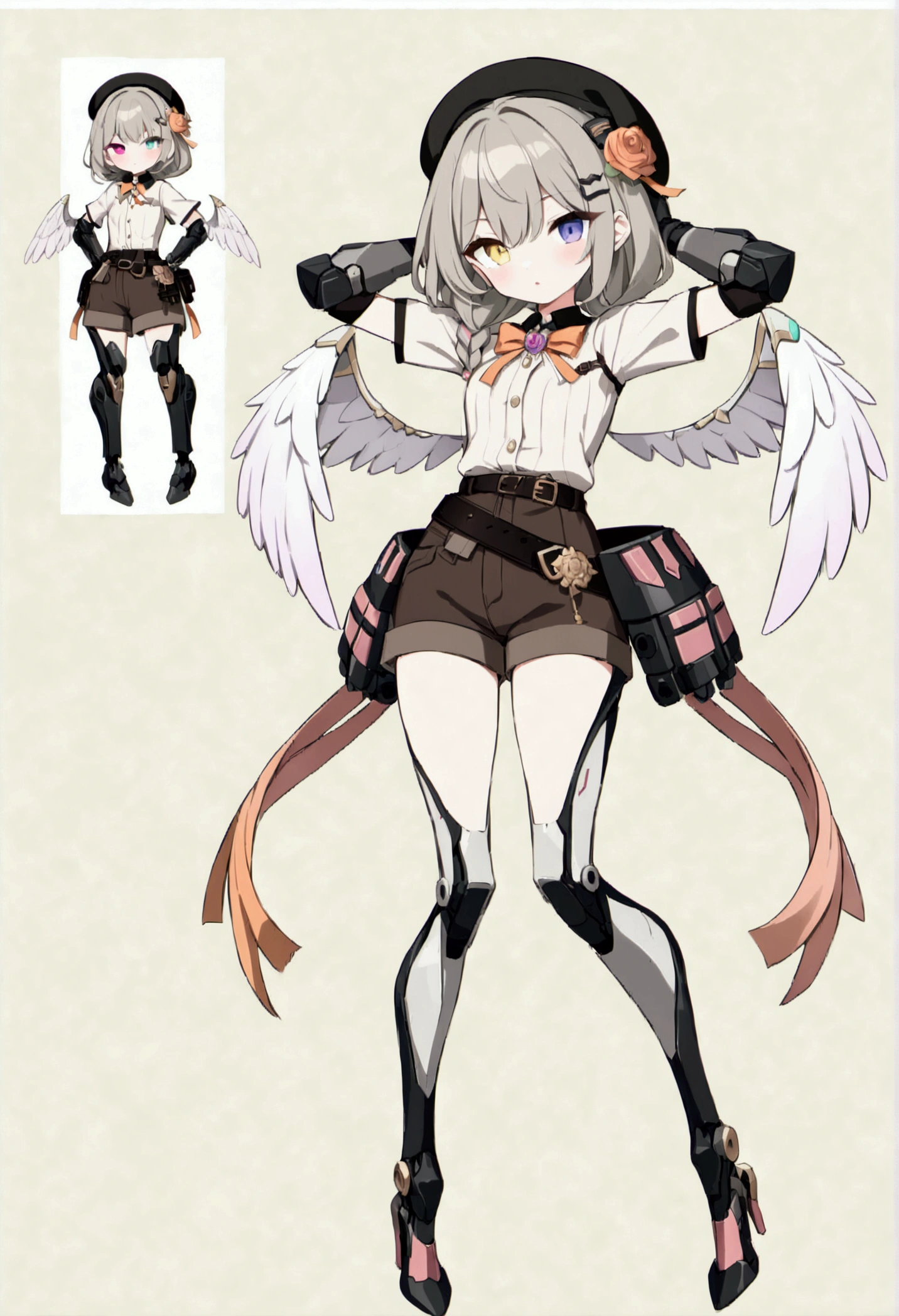 woman 165cm tall, (whole body: 1.5), slim build, , charming look, ((heterocromia: ojo right naranja y ojo izquierdo violeta)), (Shoulder Length Wavy Gray Hair, medium braid on the left side of the hair: 1.2, big open bangs, largo flequillo en el lado izquierdo y right del cabello sobre las mejillas , golden gear hairpin on the left side of the hair: 1.1), (((complex mechanical legs up to the hip, The legs are black with gray parts and small pink details))), (((complex mechanical arms up to the elbows, The arms are black with gray parts and small pink details))), ((a pair of complex white mechanical angel wings with pastel green parts)), (elegant black French beret, orange rose ribbon on the beret: 1.2), (stylish white short sleeve button down shirt, dark brown shorts with straps from the waist, elegant black belt, small rose brooch on shirt collar, beautiful mechanical stilettos), (((full body character design sheet: vista 3/4))), ((Pastel yellow background)), extremely detailed hair, beautiful detailed clothing, extremely detailed arms, extremely detailed face, (Extremely detailed hands), perfect hands, beautiful detailed eyes, beautiful detailed lips, adorable, extremely detailed legs, (Best Quality, 8k, ultra resolution), ultra detailed, Exquisite and epic character art, (Focus on symmetry), (extremely detailed wings), (body position: standing, right, symmetrical), looking at the viewer, small face.