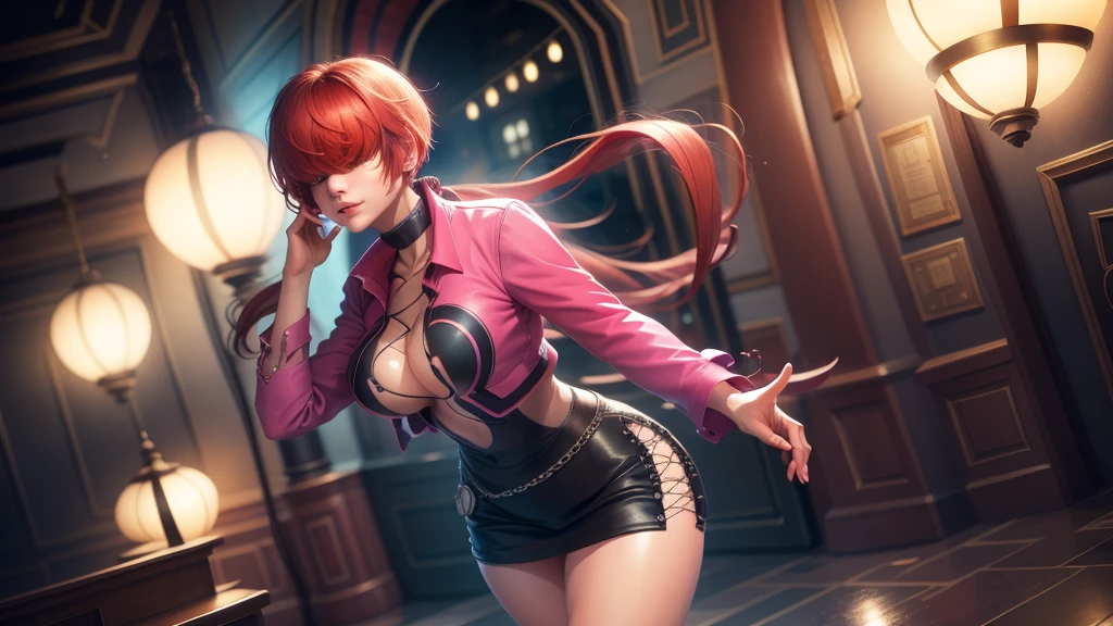 (at night), in a video game scene a background a beautiful city at night raining, alone, alone, standing at attention, pink suit, pink jacket, choker, neckline, cut of clothes, earrings, has long bangs on the hair covering the eyes ((hair over the eyes)), 1 girl, 20 years old, young woman, perfect hands, beautiful fingers, beautiful long legs, beautiful body, beautiful nose, beautiful character design, perfect face, looking at the spectator with serious gesture, is on a phone call with his cell phone in hand (focusing on his face), closed mouth, Light_Smile, official art, extremely detailed CG unity 8k wallpaper, perfect lighting, bright and colorful front lighting, skin glossy (masterpiece: 1.0), (best_quality: 1.0), ultra high resolution, 4K, ultra detailed photography, 8K, HDR, high resolution, nonsense:1.2, Kodak portra 400, film grain, blurred background, bokeh:1.2, lens flare, (vibrant_color:1.2), professional photography, (Beautiful, breasts: 1.4), (beautiful_face: 1.5), (narrow waist),
