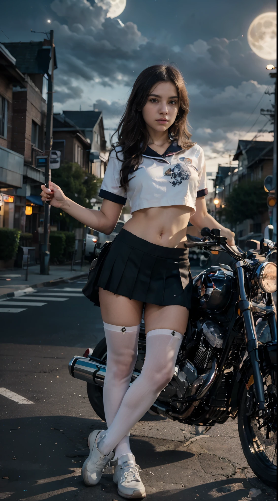 17-year-old Waifu  School girl posando na frente de uma motocicleta futurista, the motorcycle has skulls and blue flames highly detailed 3D graphics, night scenery with full moon in the background, she is wearing a  White SchoolUniform with 3D skulls and flames and Sailor Miniskirt, Pantyhose, HDR, epic realism, high-octane rendering, obra de arte,