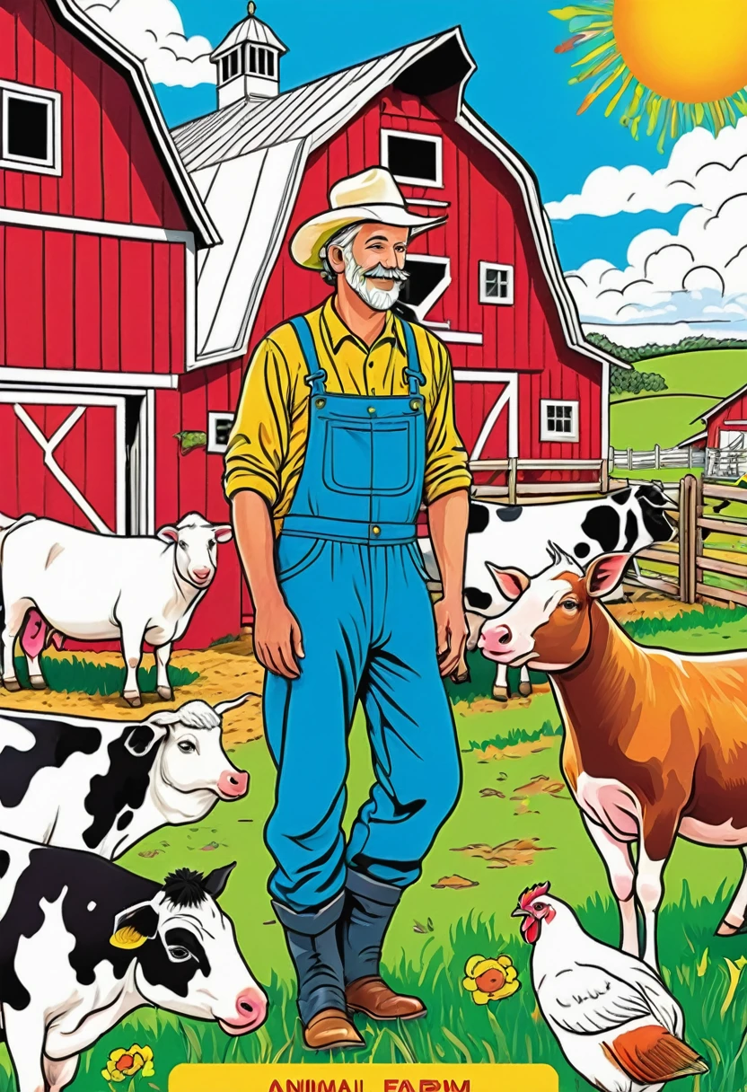 Animal Farm Coloring Book with Friendly farmer with various farm animals and a barn in the background, vivid colour
