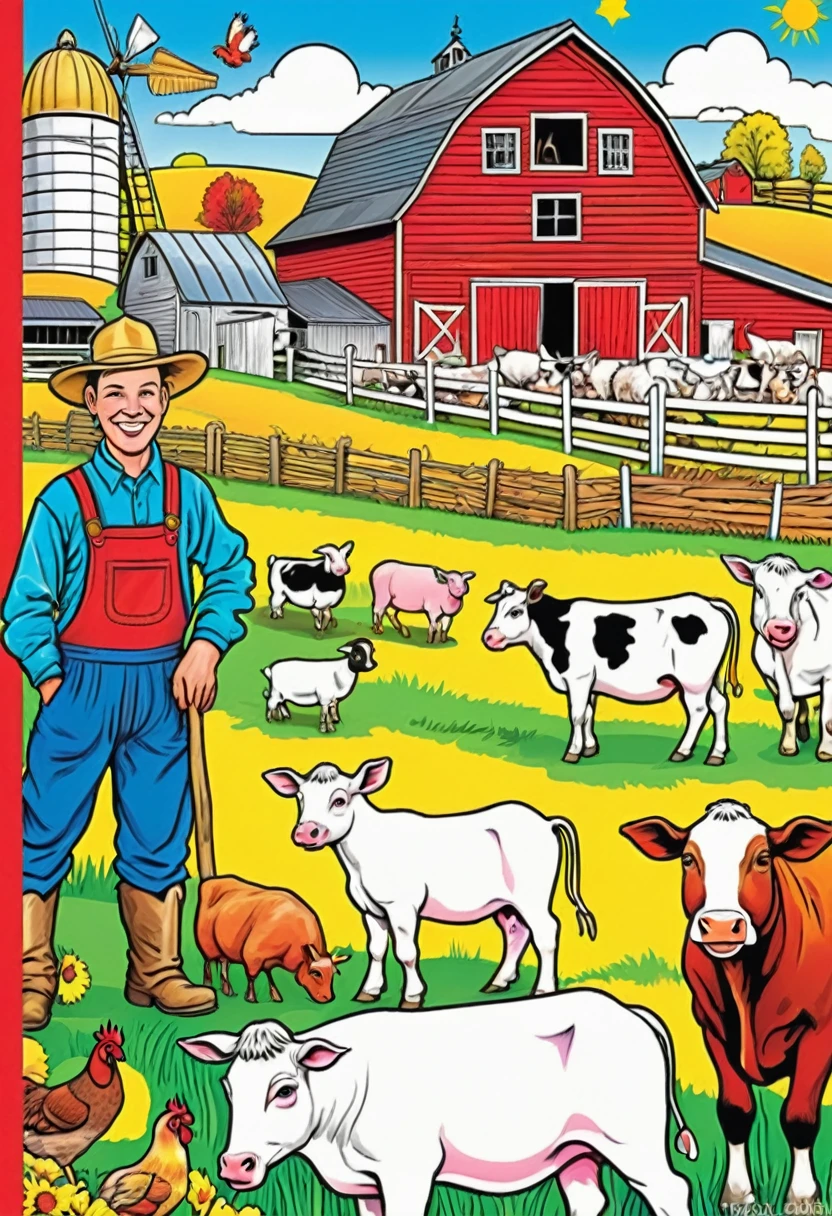 Animal Farm Coloring Book with Friendly farmer with various farm animals and a barn in the background, vivid colour