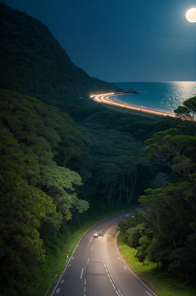Road by the sea with a full moon illuminating the sea. A lush forest and a Kombi following in the same way.