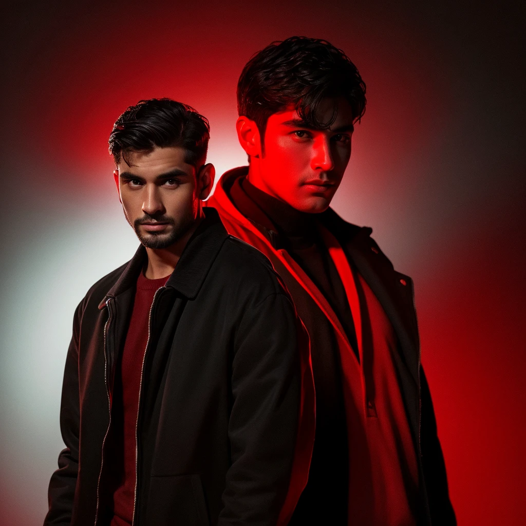 Young man wearing black jacket and gogles and dark gray skin white messy hairs handsome man had told up side and red background with side posed & cinematic lighting and healthy body upper body image with crisp photo details