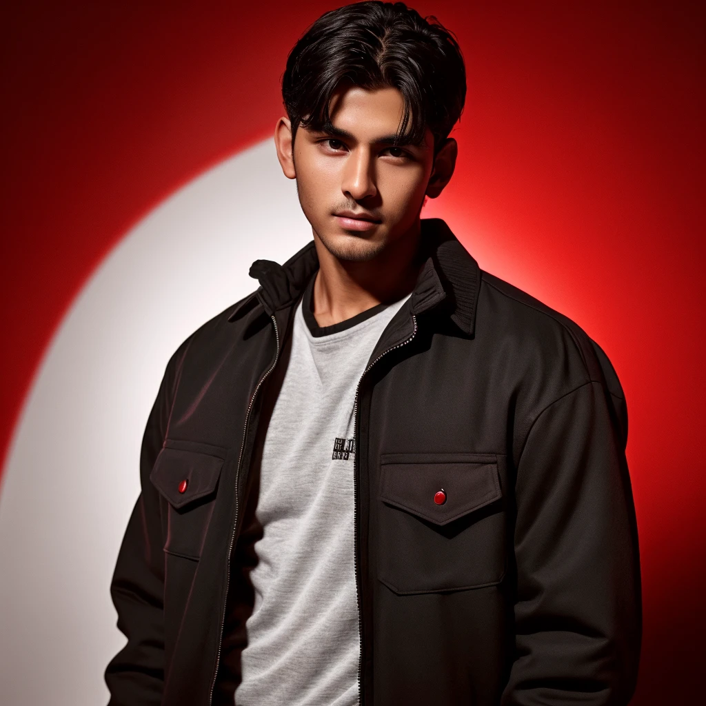 Young man wearing black jacket and gogles and dark gray skin white messy hairs handsome man had told up side and red background with  side posed  & cinematic lighting and healthy body upper body image with crisp photo details