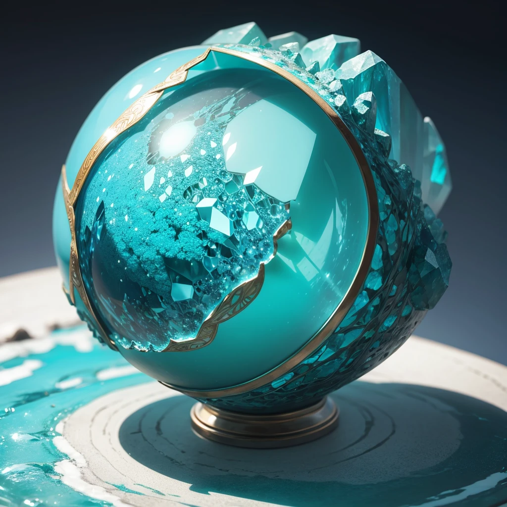 A turquoise mineral sphere with a brilliant, polished finish, revealing a network of fine crystalized veins and an enchanting blue-green hue