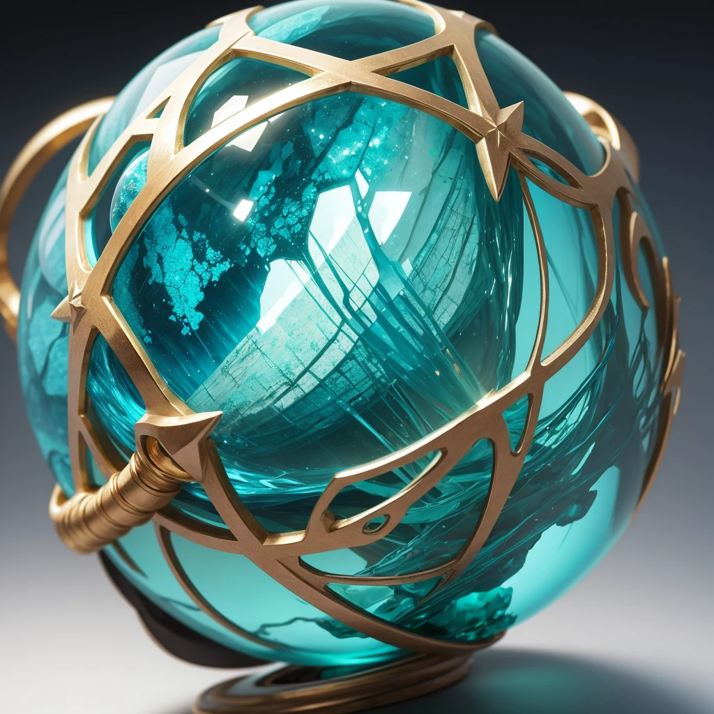 A turquoise mineral sphere with a brilliant, polished finish, revealing a network of fine crystalized veins and an enchanting blue-green hue