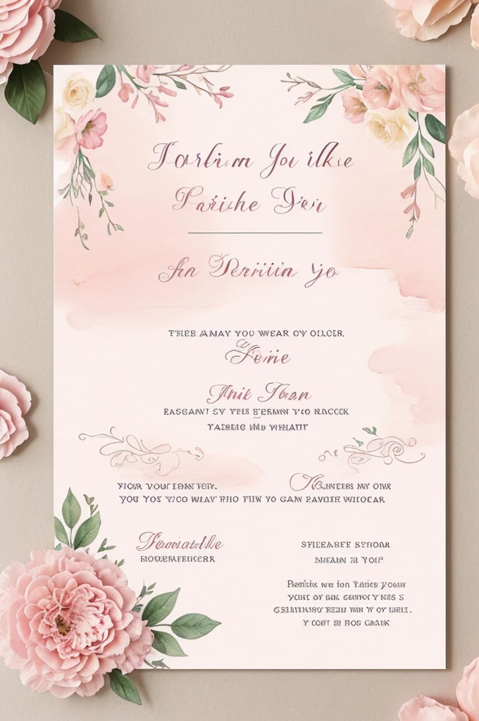 Prompt: Create a label with a soft pastel pink watercolor background. The design should be elegant and delicate, suitable for wedding invitations, thank you cards, or any special occasion stationery. Incorporate subtle floral elements or delicate borders that complement the soft pink hues. The overall feel should be gentle, romantic, and sophisticated