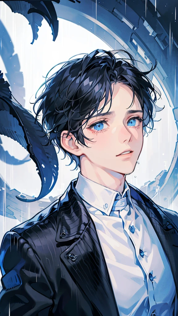 a guy looking into the light surrounded by rain  1boy, male focus, blue eyes, tears, solo, black hair, portrait, crying