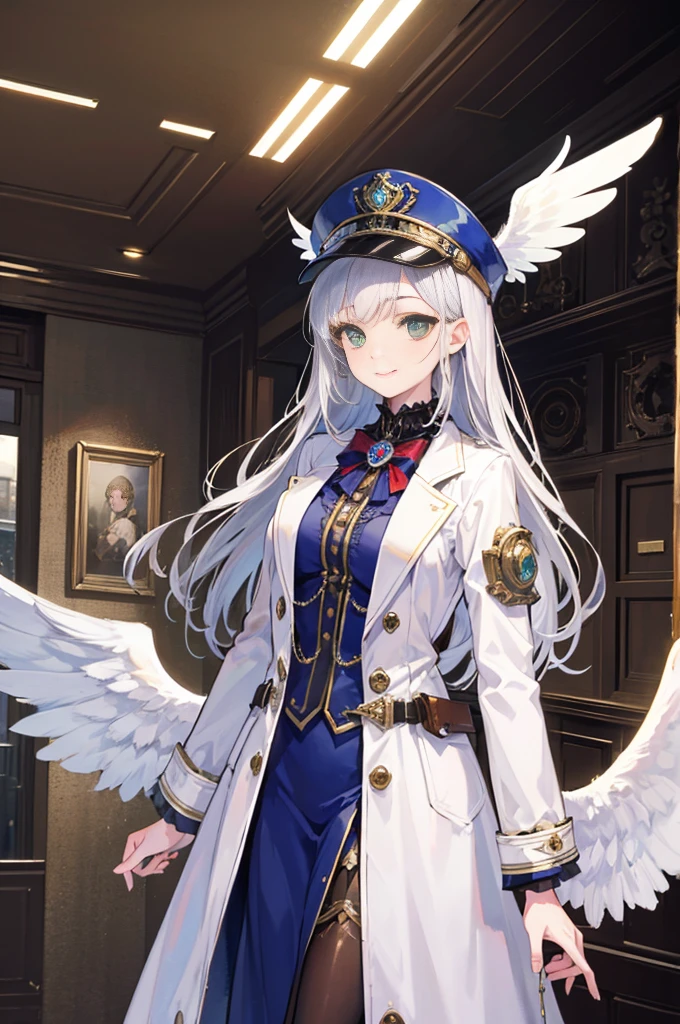 One girl, (masterpiece), Highest quality, Silver Hair, Semi-long hair, Green Eyes, smile, (low length), (Young), Steampunk costumes, Put on a white coat, Magical atmosphere, White Wings, Newsboy cap with goggles, High resolution