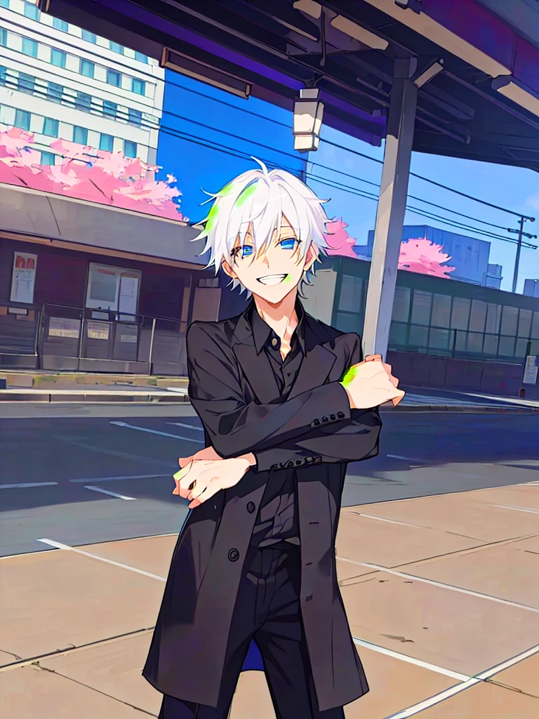 anime character dressed in black standing on a city street, dapper dream demon, he has dark grey hairs, fashion gameplay screenshot, he using japan school boy uniform, Blue eyes, cloth sim,.Gojou satoru, jujutsu kaisen. Laughing, fake smiling.