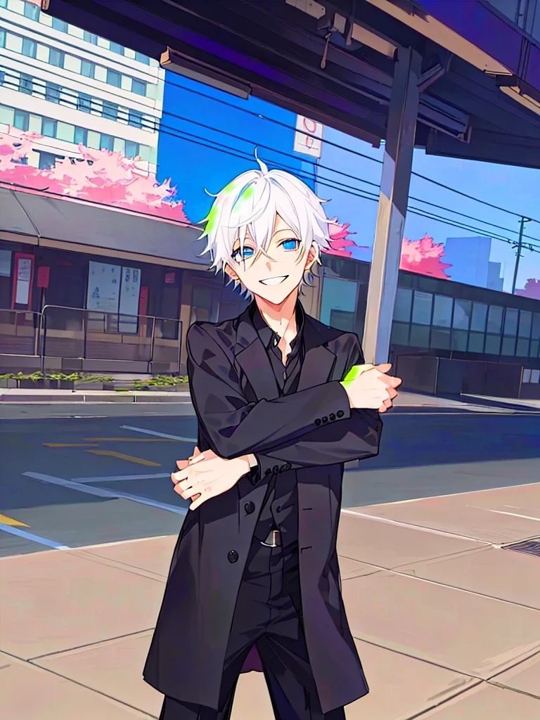anime character dressed in black standing on a city street, dapper dream demon, he has dark grey hairs, fashion gameplay screenshot, he using japan school boy uniform, Blue eyes, cloth sim,.Gojou satoru, jujutsu kaisen. Laughing, fake smiling.